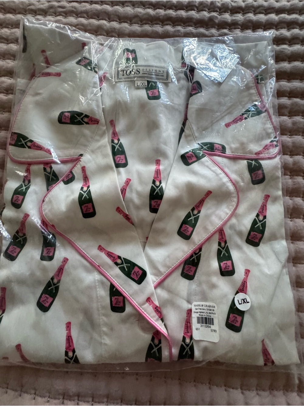 Mark & Graham White Satin Nightshirt with Pink & Green Champagne Print